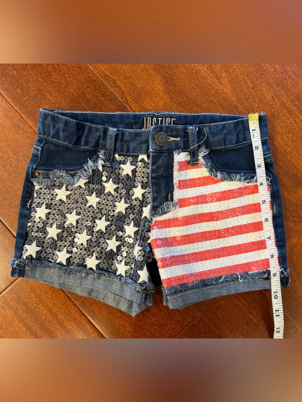 Justice Denim Shorts with Star & Stripe Sequin Panels - Blue/Red